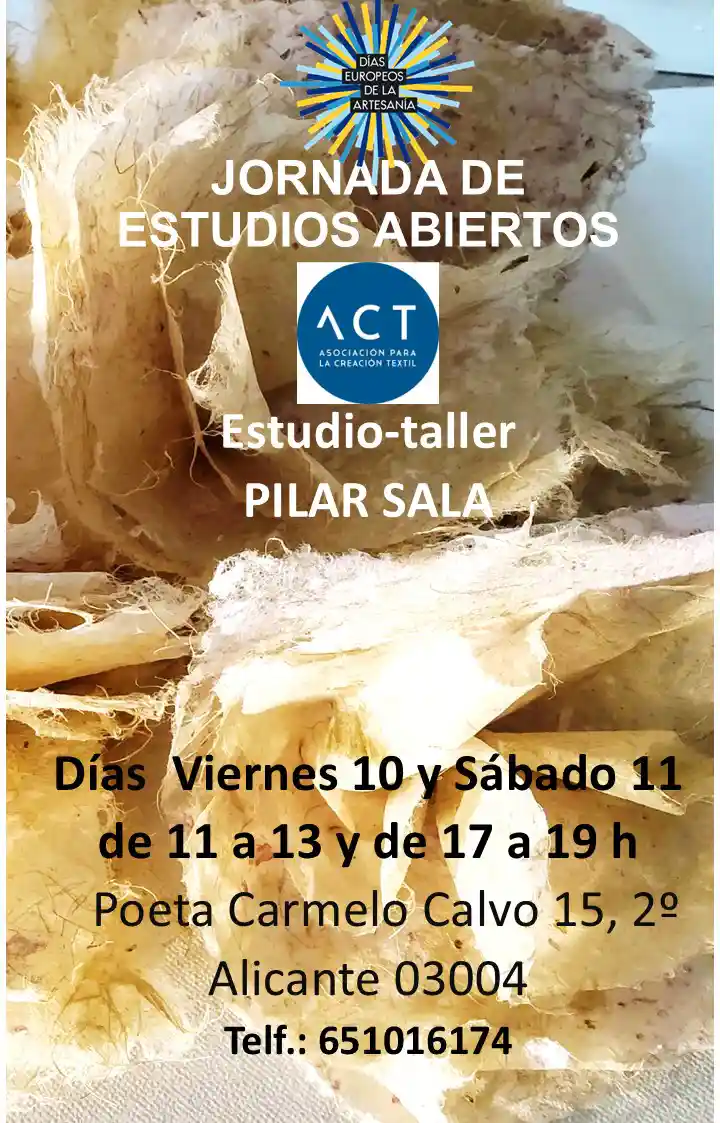 01-03-ABRIL2026-ACT Pilar Sala, Alicante @artexturaspilar. Taller - estudio de obra realizada con el papel vegetal que ella misma fabrica.
